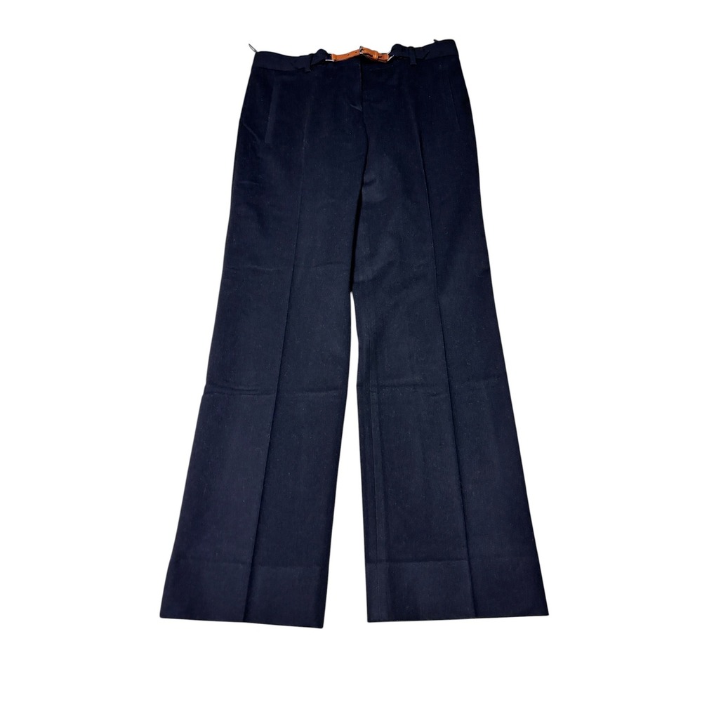 Prada Navy Virgin Wool Wide Leg Trousers Leather Belt Detail Italy EU 42 W31 L30